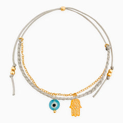 Evil Eye and Hamsa Hand Gray Lace Bracelet
