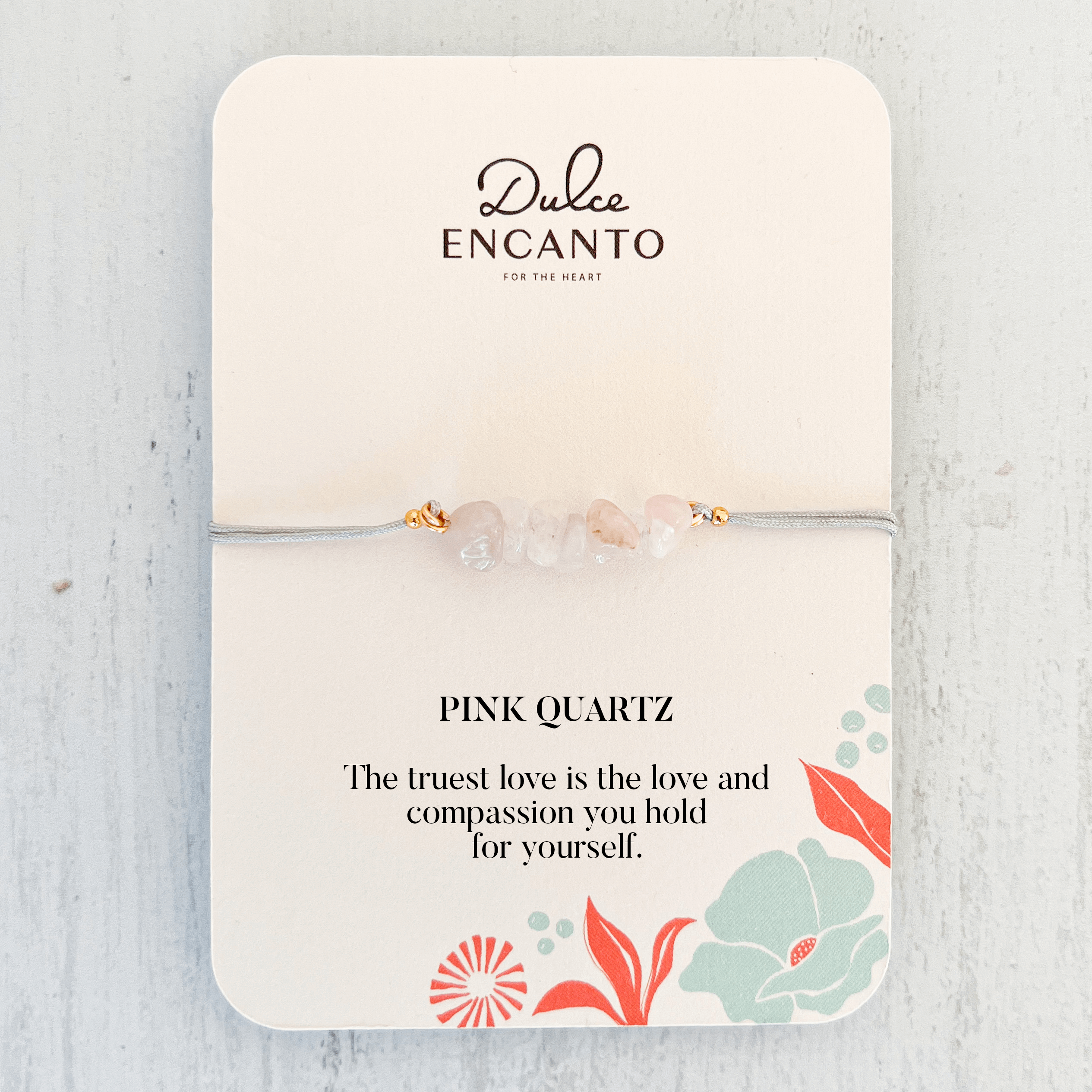 Pink Quartz Crystal Natural Stone Bracelet with Gray Yarn