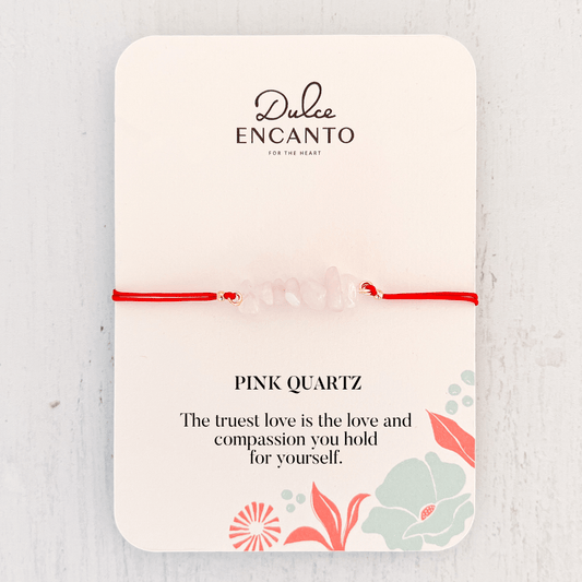 Pink Quartz Crystal Natural Stone Bracelet with Red Yarn