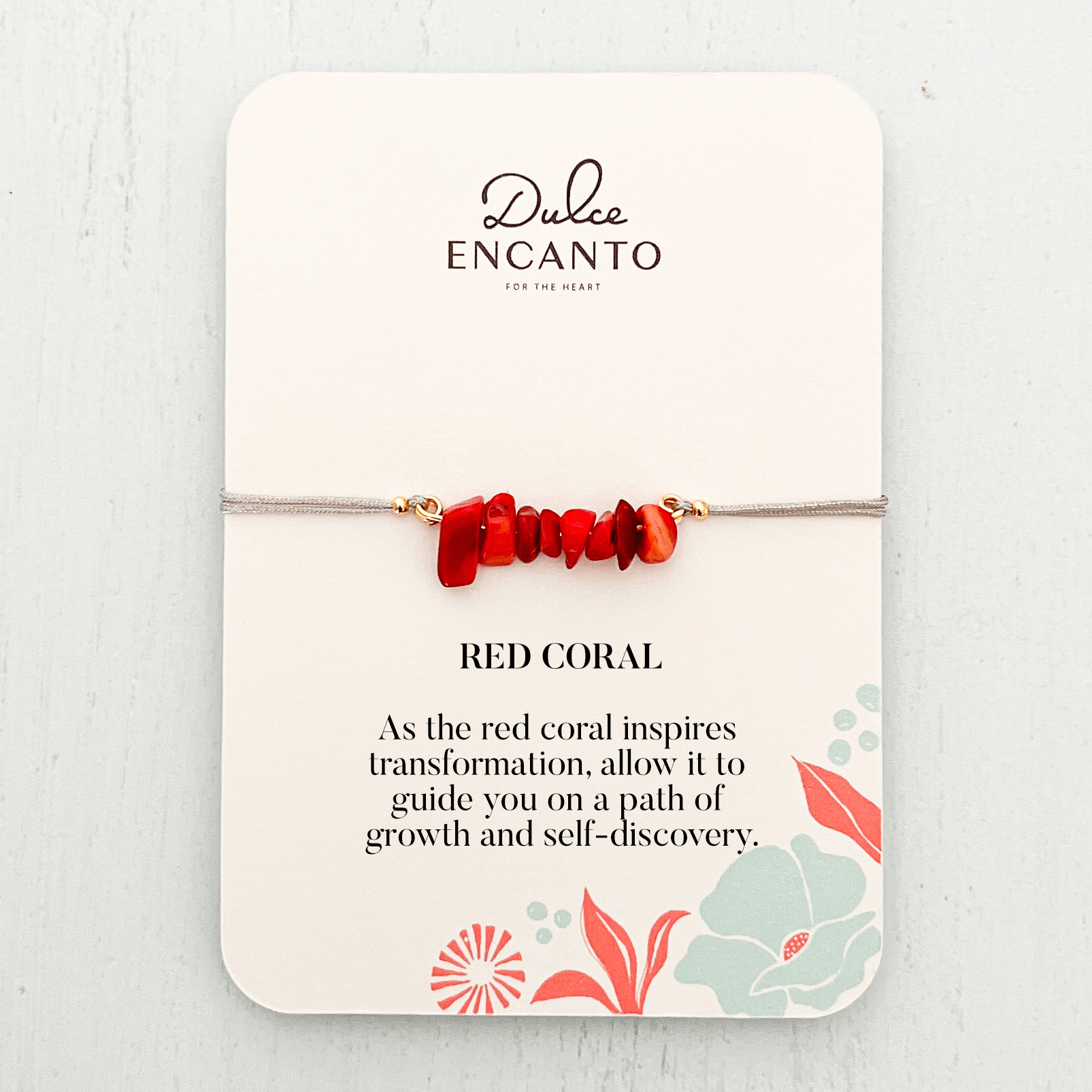 Red Coral Natural Stone Bracelet with Gray Yarn