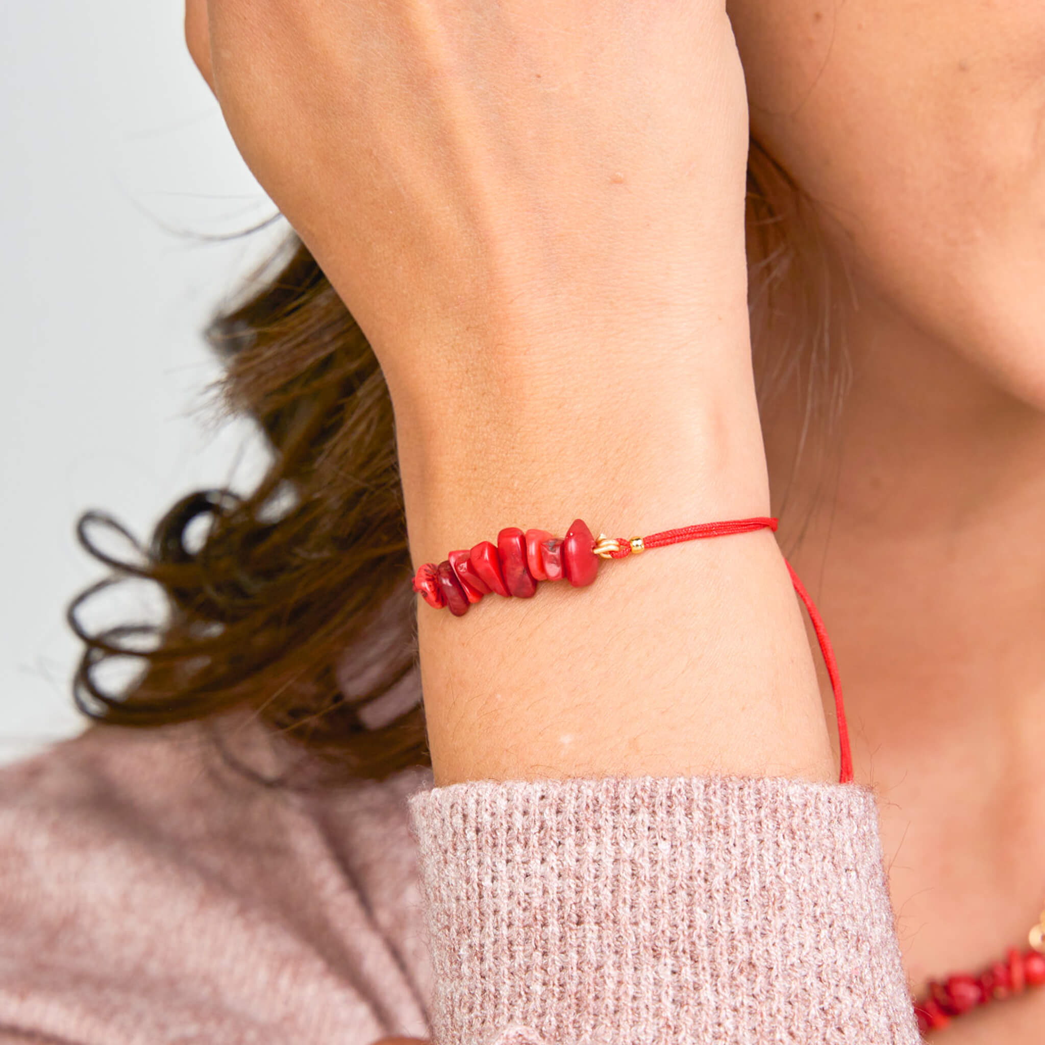 Red Coral Natural Stone Bracelet with Red Yarn
