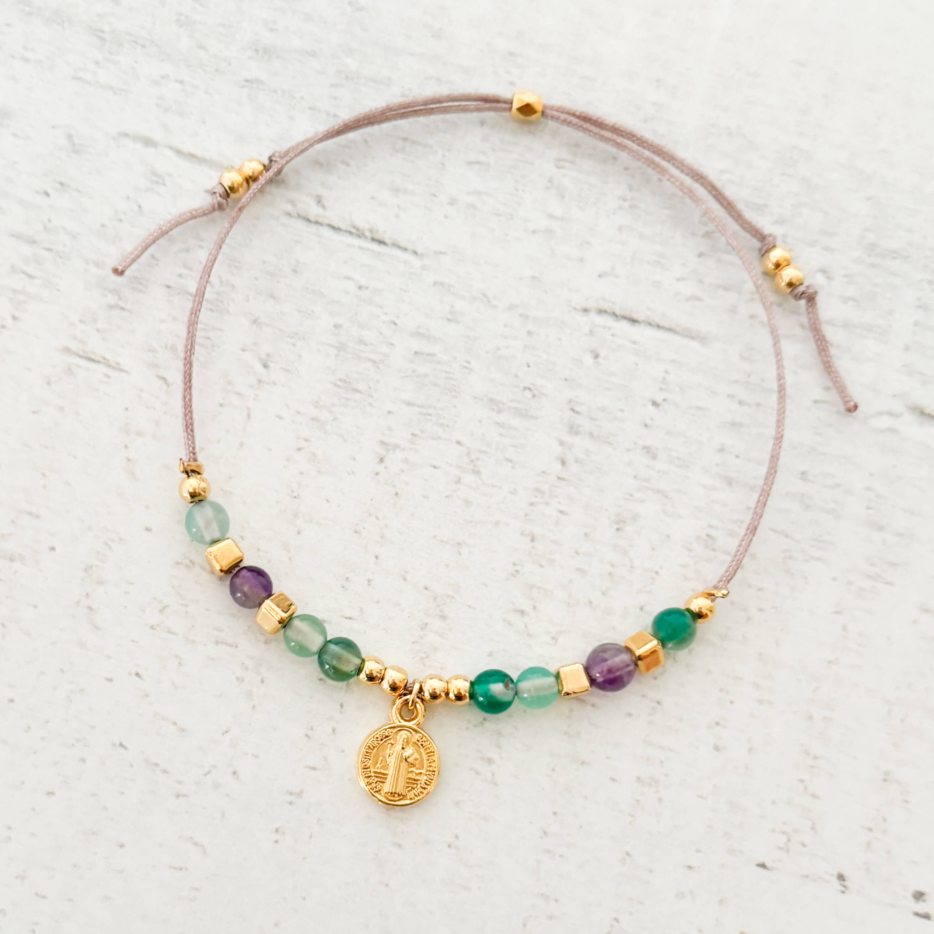 Saint Benedict Bracelet with Stones and Gray Yarn