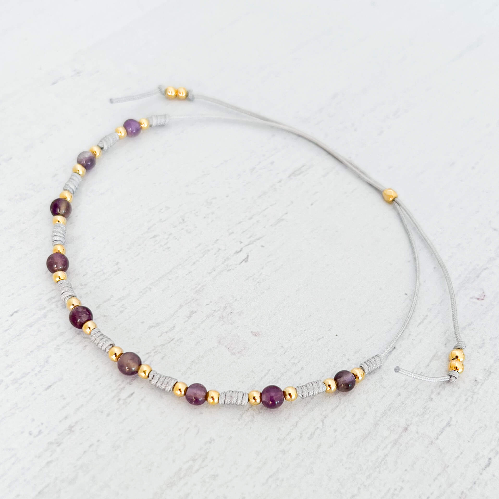 Amethyst Natural Stone Spheres Anklet with Gray Yarn
