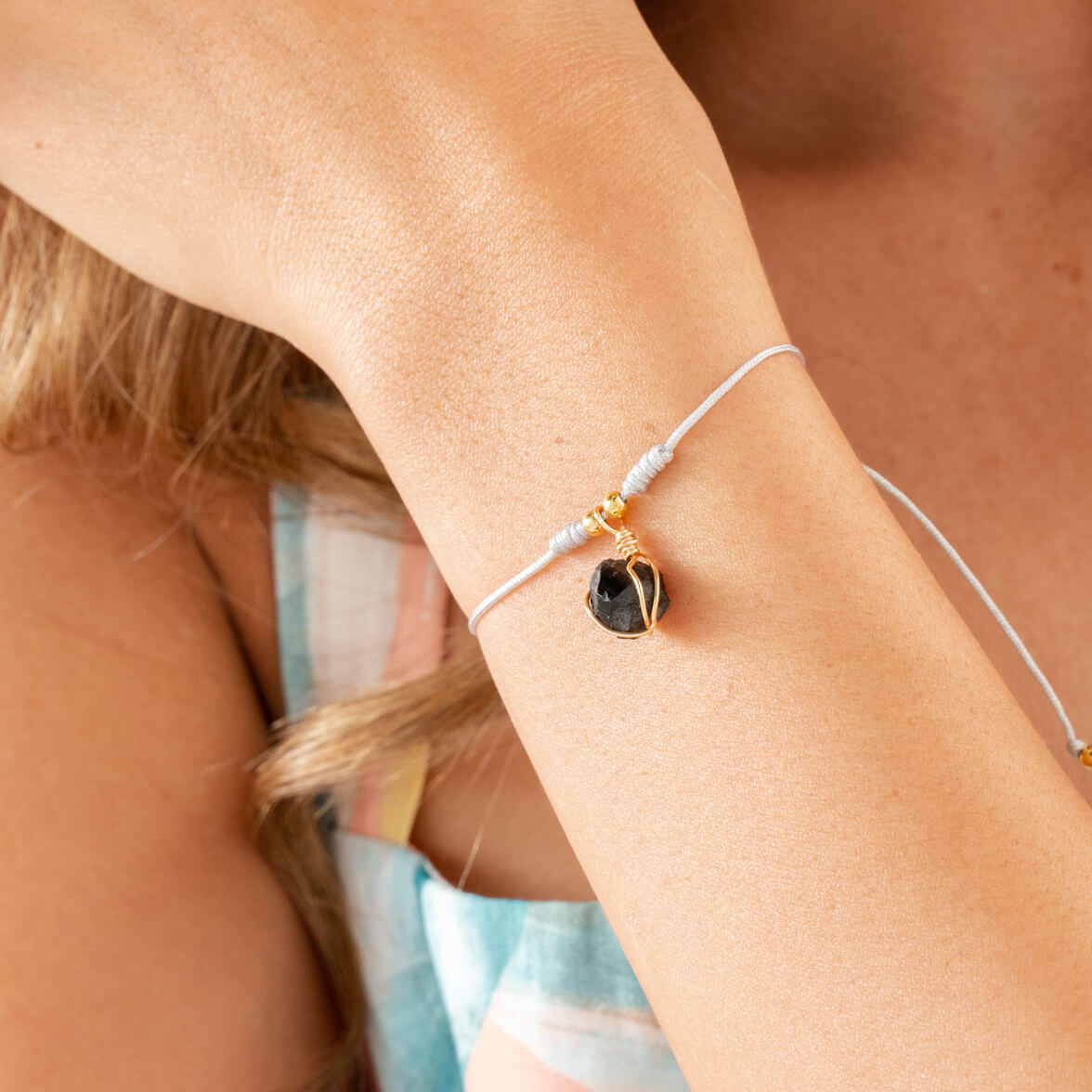 Black Tourmaline Bracelet with Gray Yarn