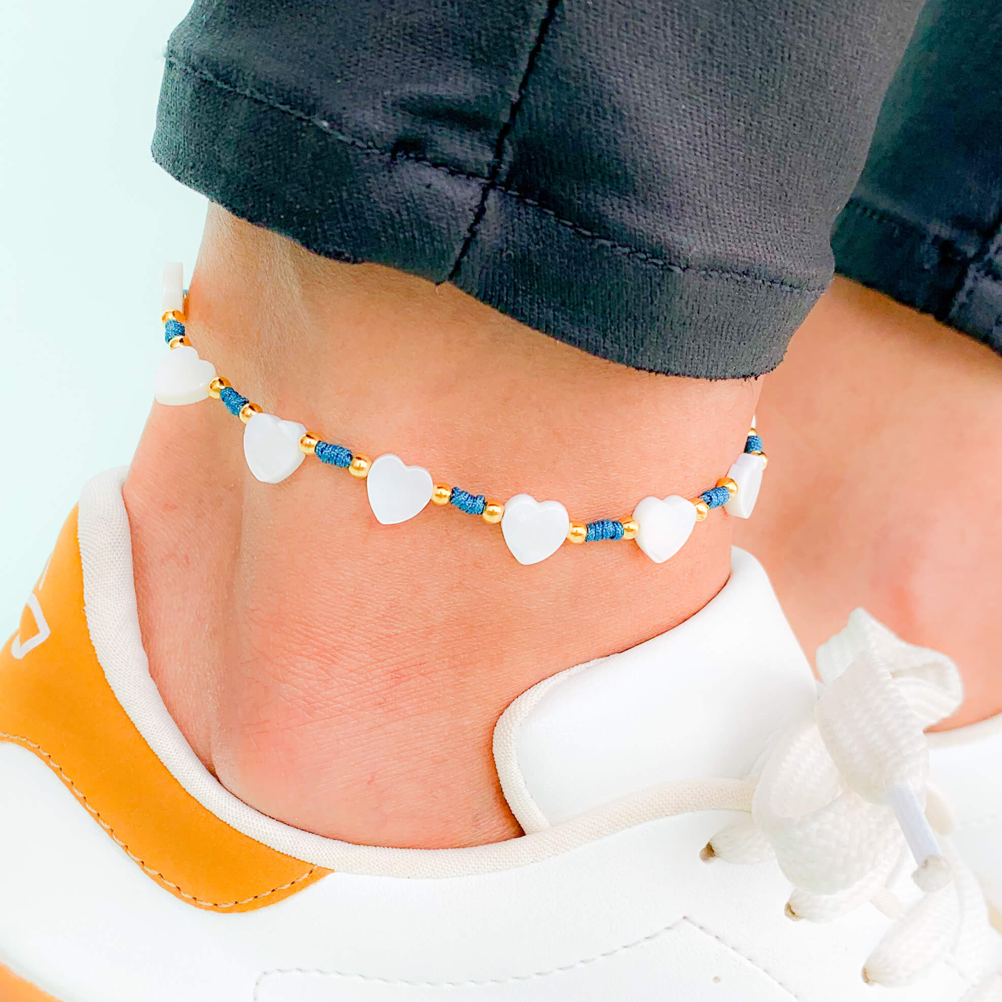 Heart Anklet with Dark Turquoise Yarn