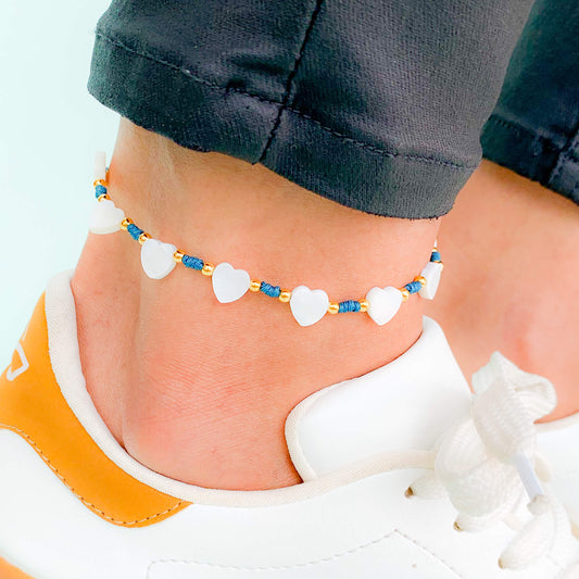 Heart Anklet with Dark Turquoise Yarn