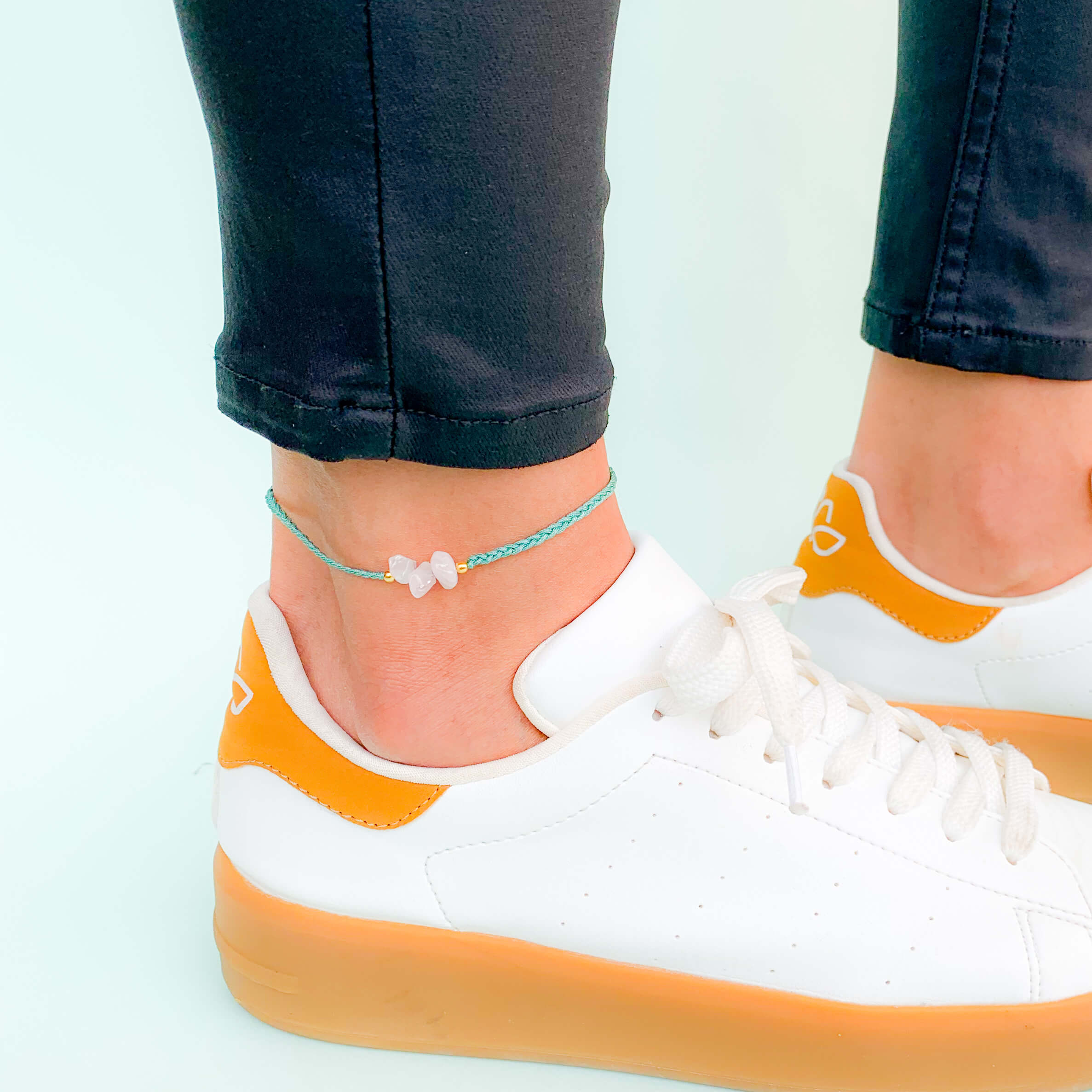 Pink Quartz Anklet with Sea Green Yarn