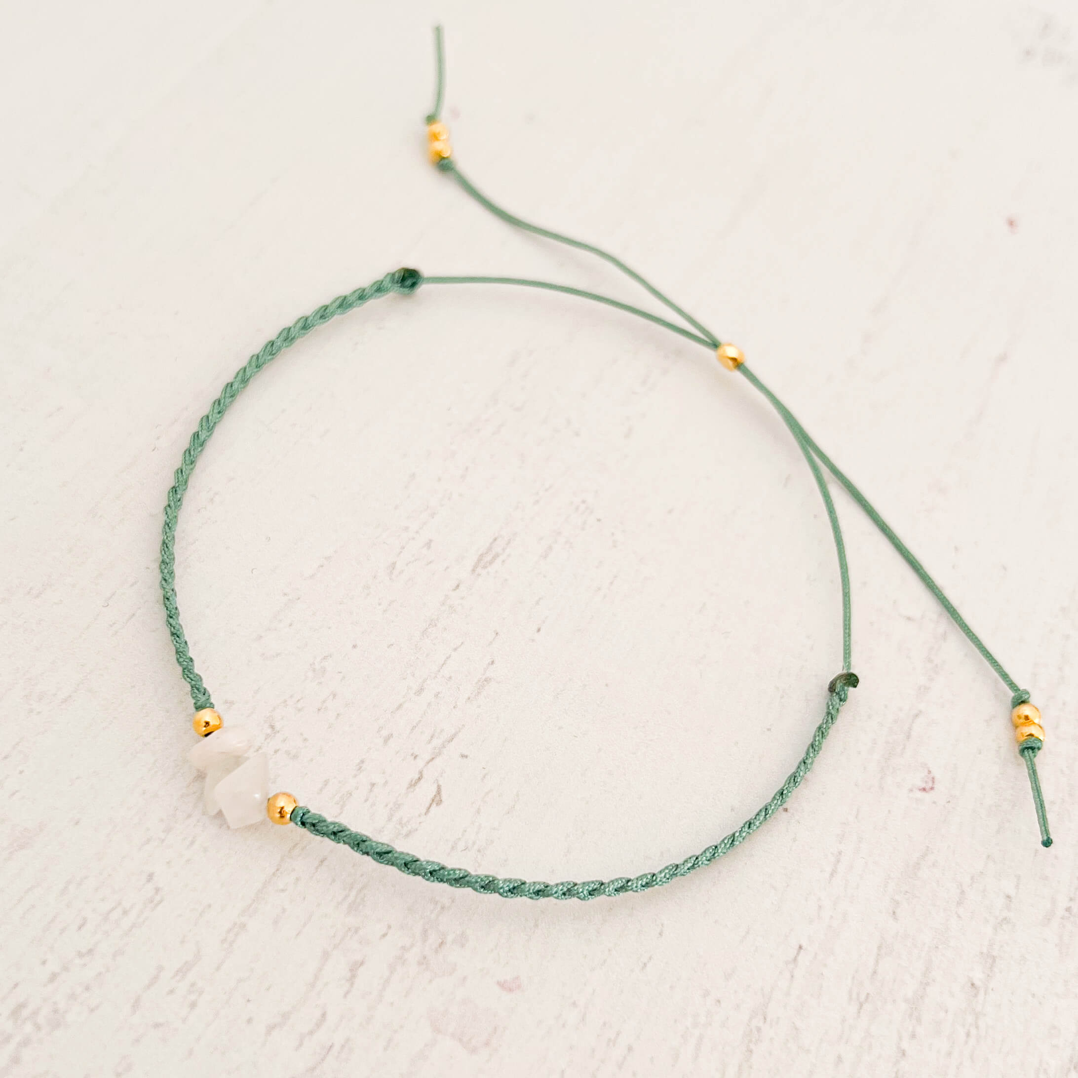 Pink Quartz Anklet with Sea Green Yarn