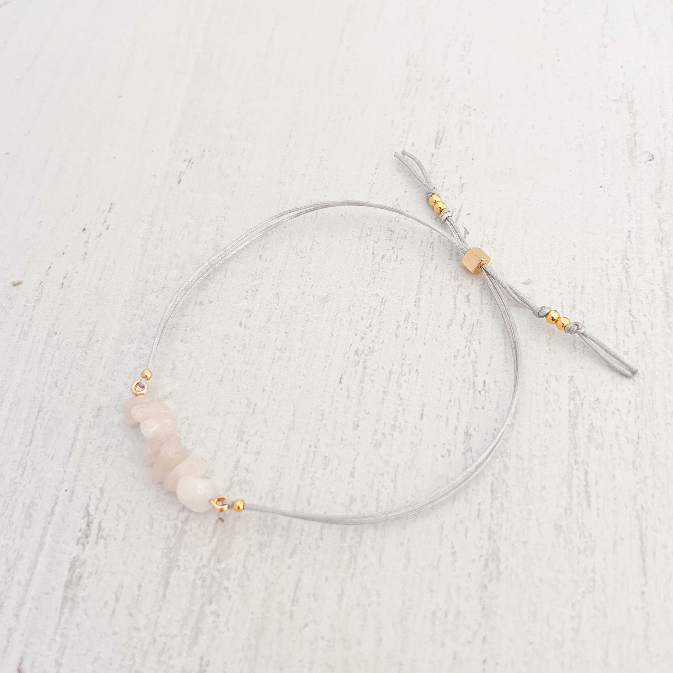 Pink Quartz Crystal Natural Stone Bracelet with Gray Yarn