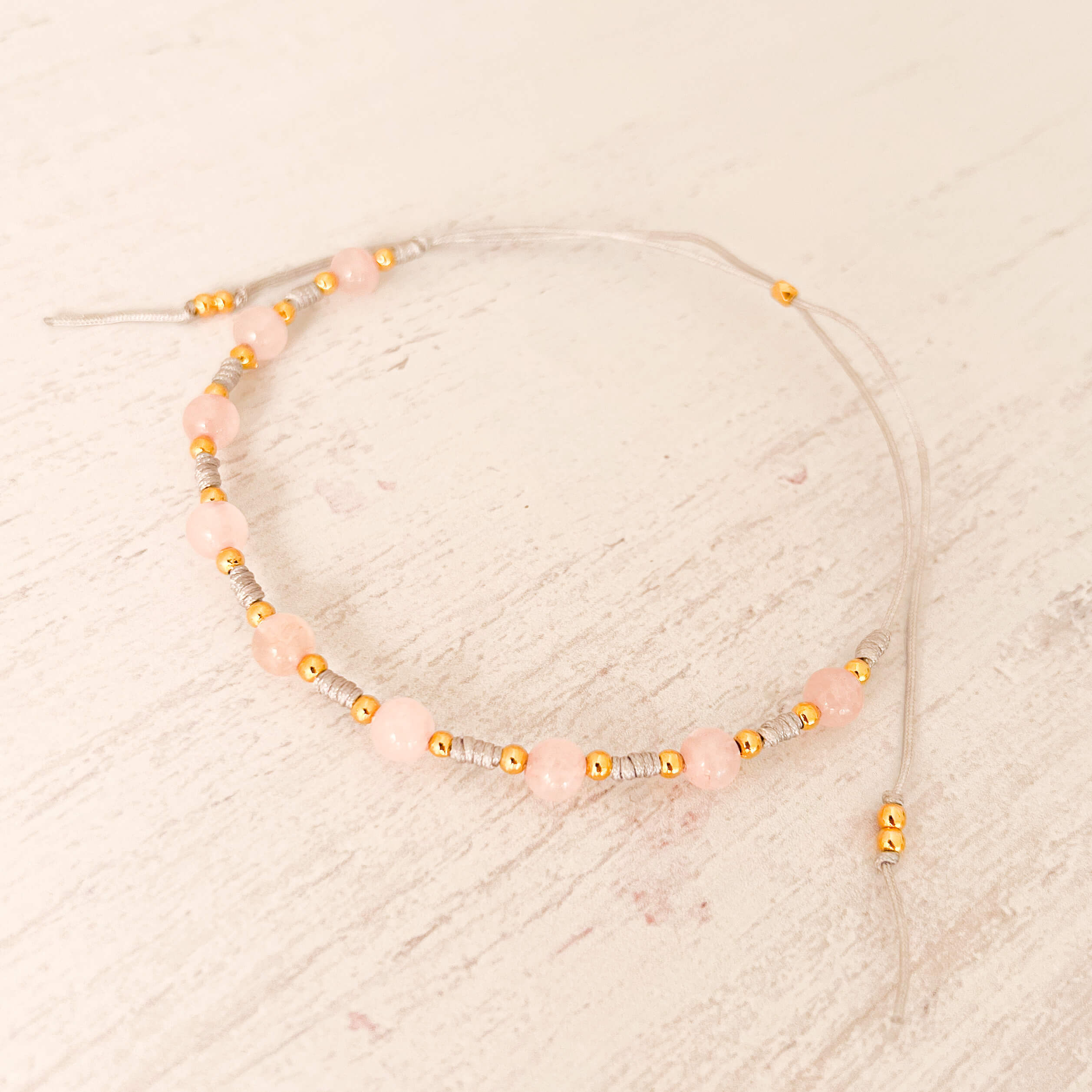 Pink Quartz Spheres Anklet with Gray Yarn