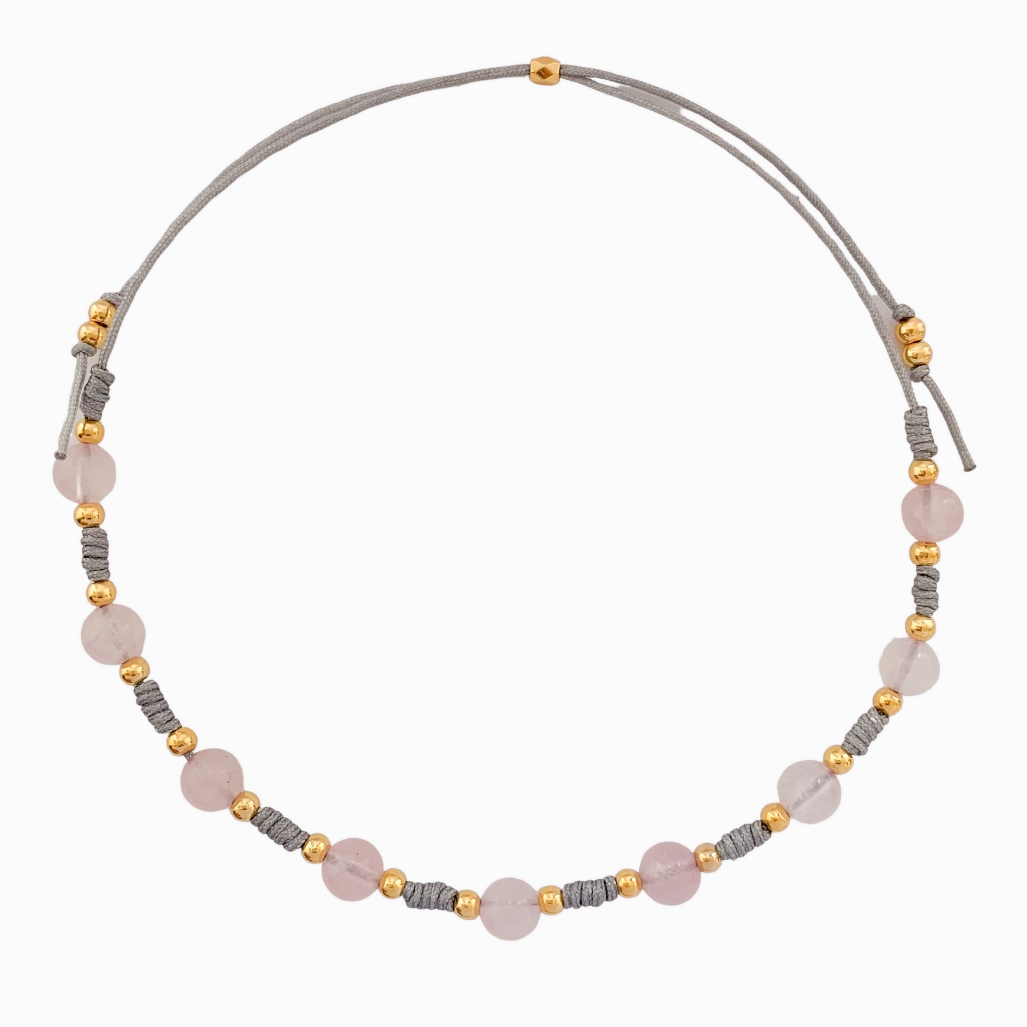Pink Quartz Spheres Anklet with Gray Yarn