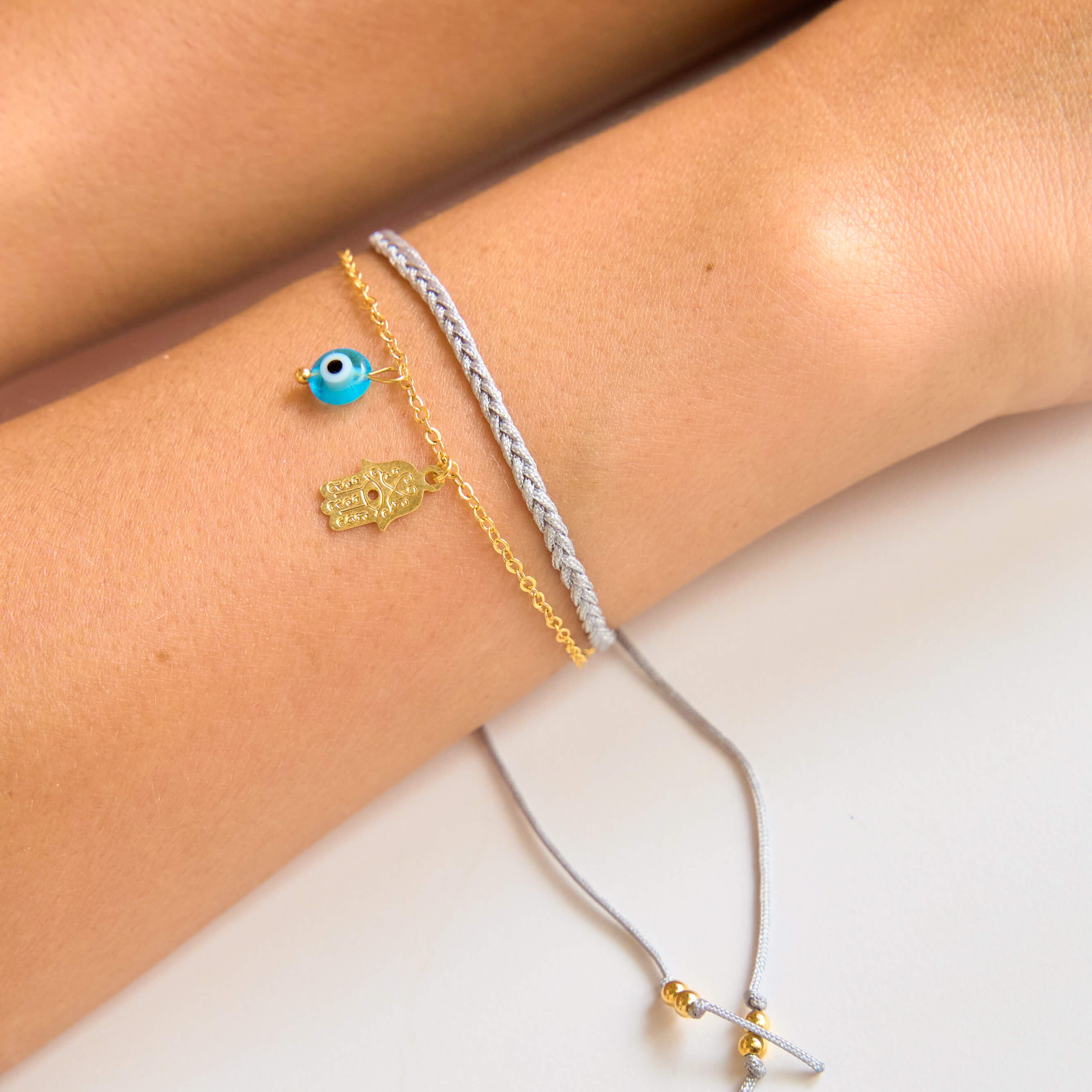 Evil Eye and Hamsa Hand Gray Lace Bracelet