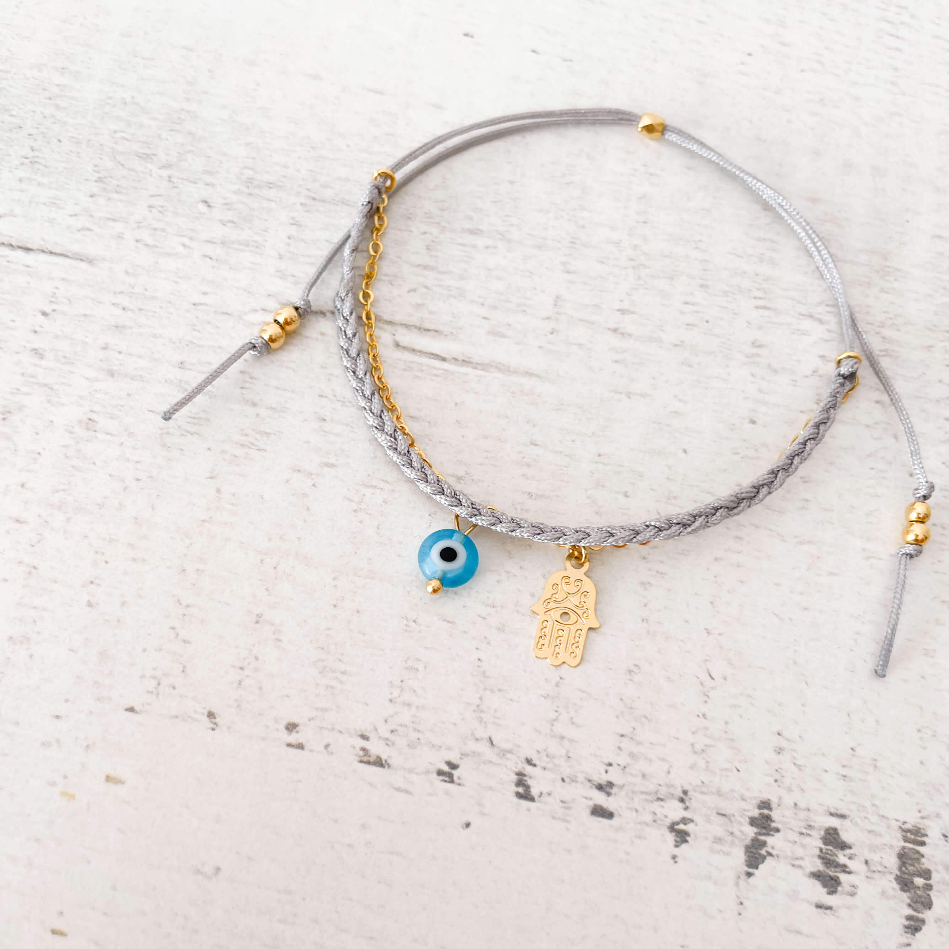 Evil Eye and Hamsa Hand Gray Lace Bracelet