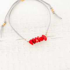 Red Coral Natural Stone Bracelet with Gray Yarn